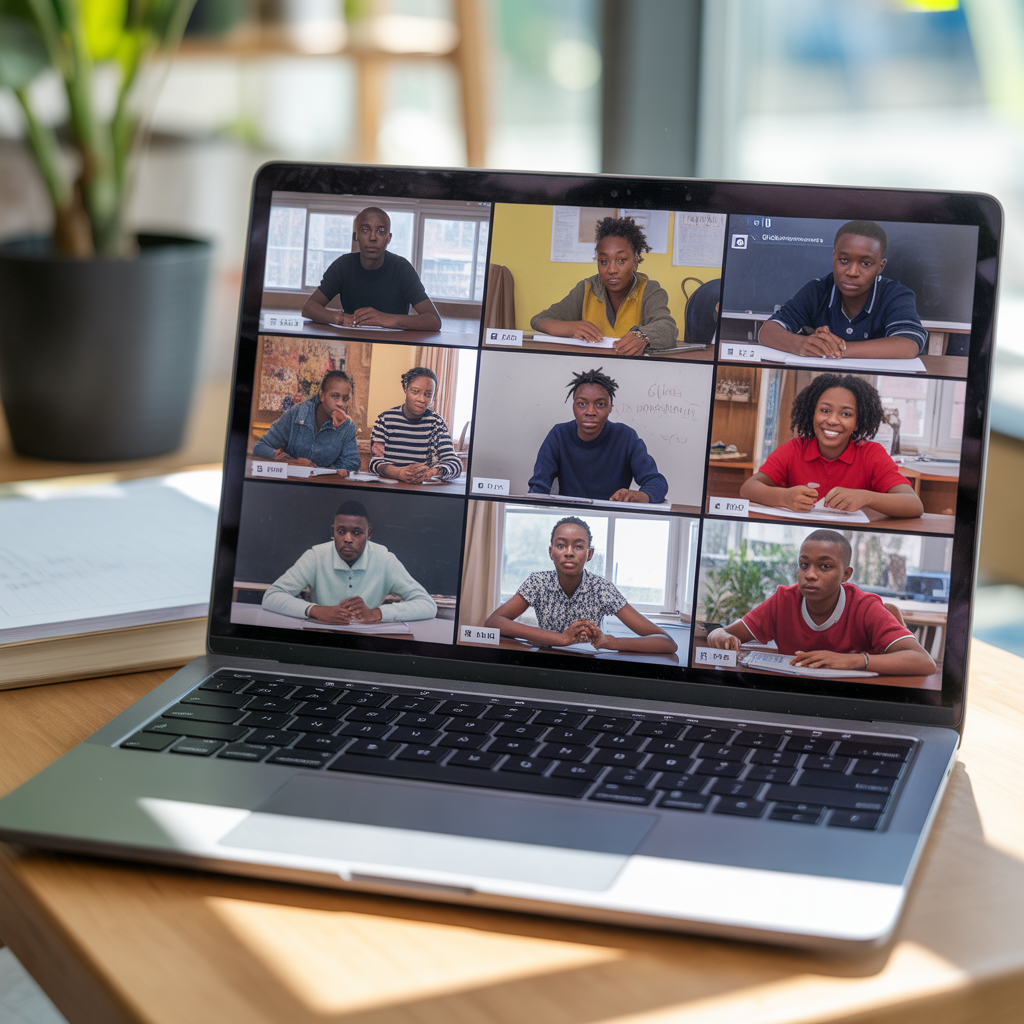 Online learning platform displayed on laptop showing video conference with multiple students in grid layout for remote education