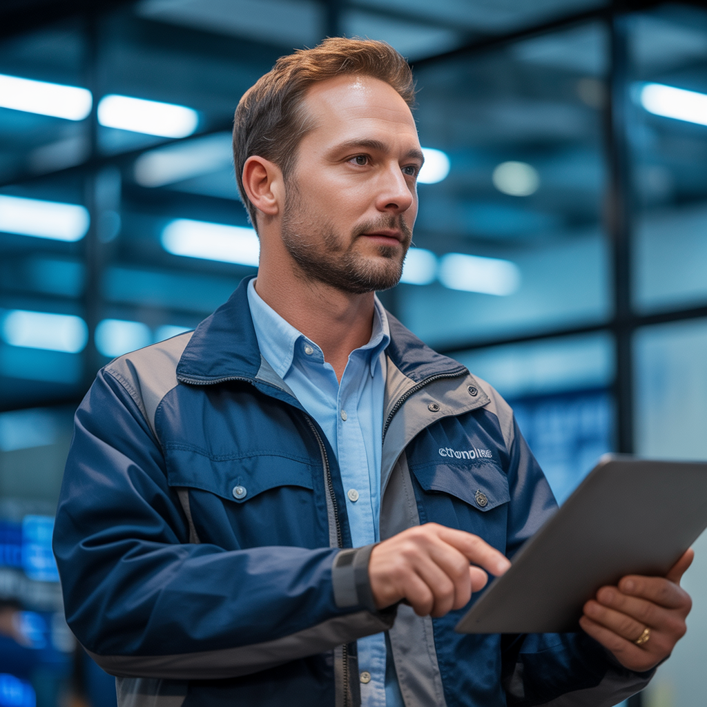 Professional field service technician in work uniform using tablet for mobile workforce management in industrial warehouse setting