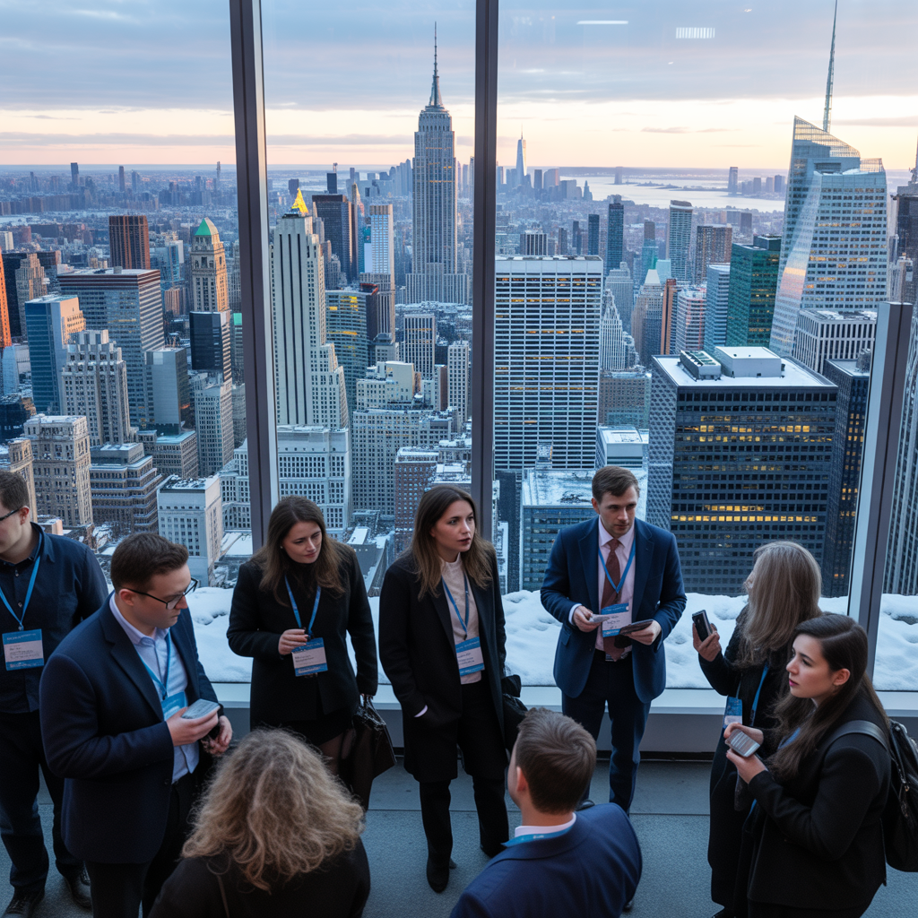 Financial technology professionals networking in high-rise building with city skyline view representing fintech business meetings