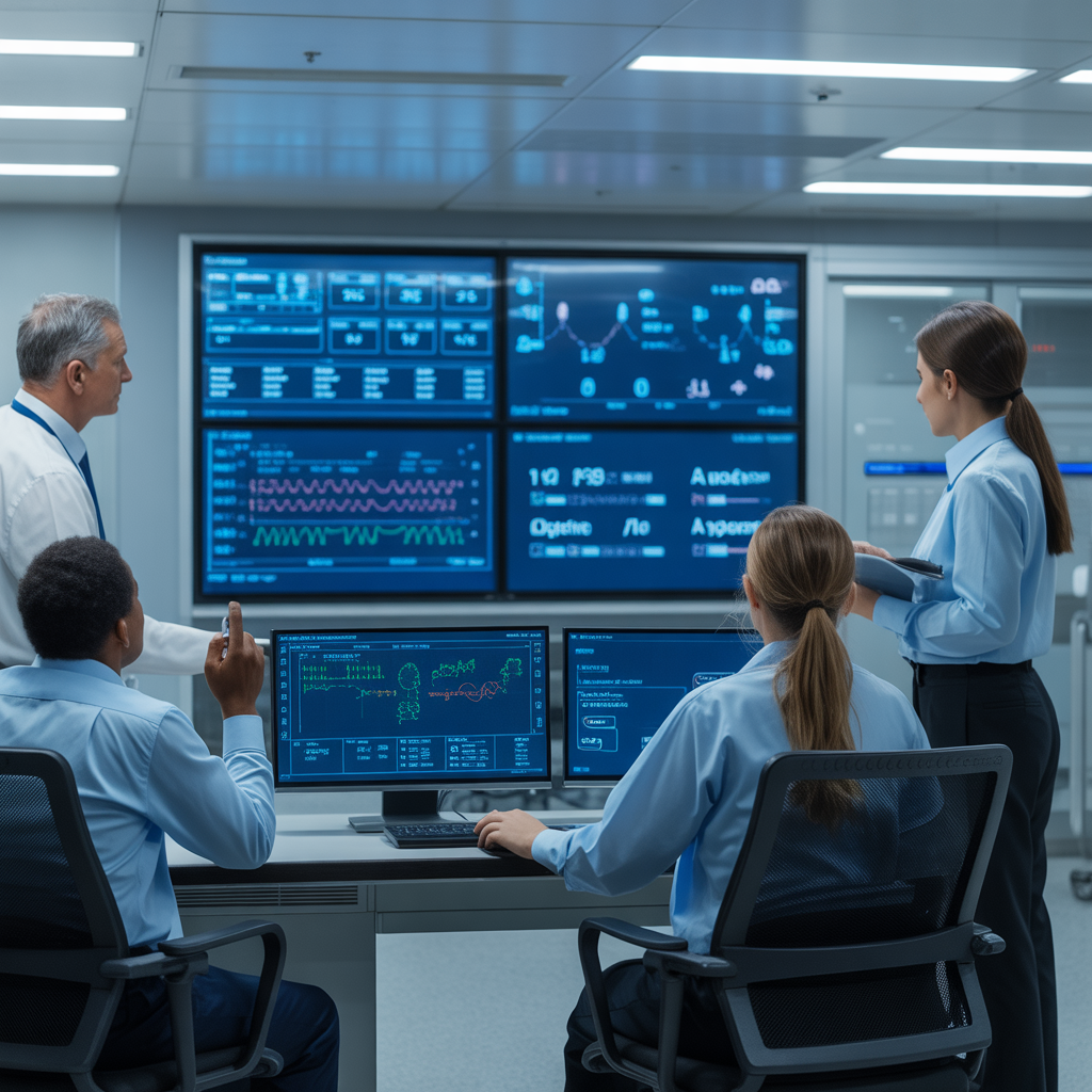 Healthcare professionals monitoring patient data and medical analytics in a modern hospital control room with multiple screens