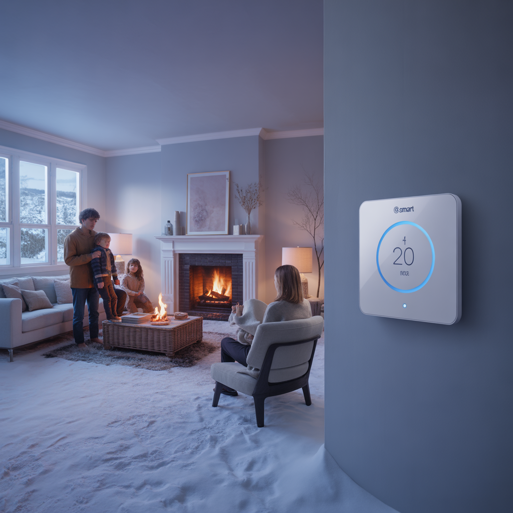 Smart home living room with family enjoying climate-controlled comfort and digital thermostat showing 20°C temperature control