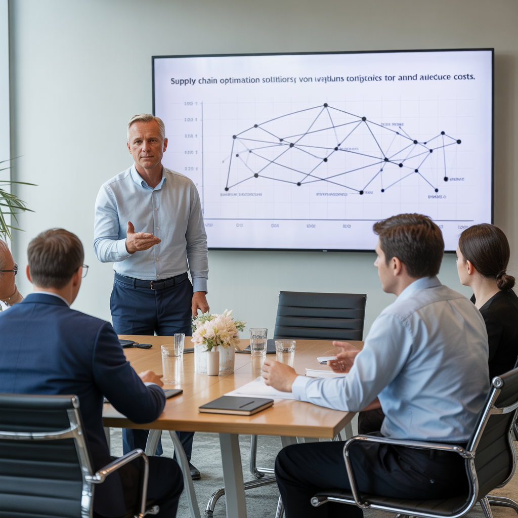 Business presentation showing supply chain optimization network graphs and logistics data on large screen in conference room