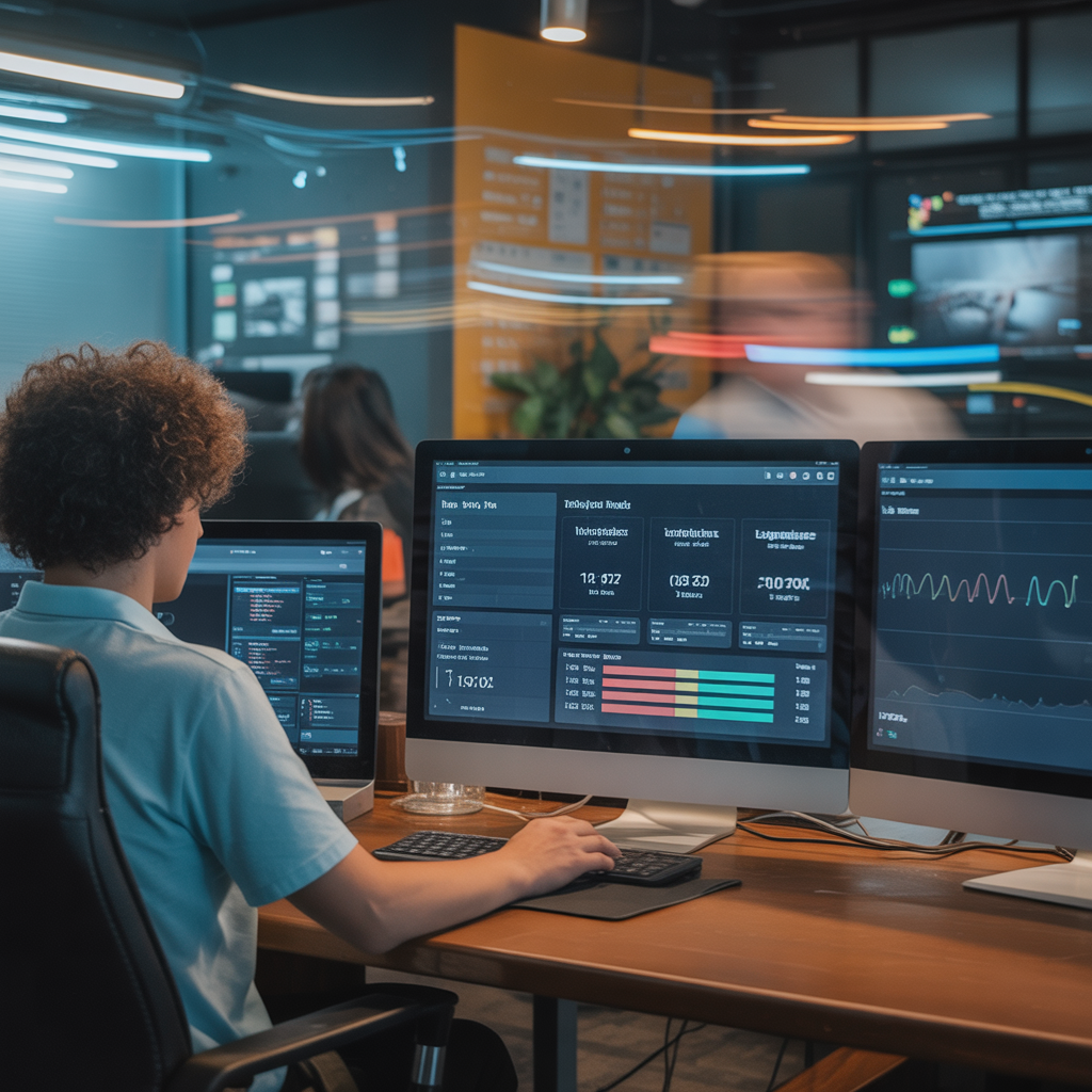 E-commerce analytics dashboard showing business intelligence data, charts, and retail metrics on multiple computer monitors